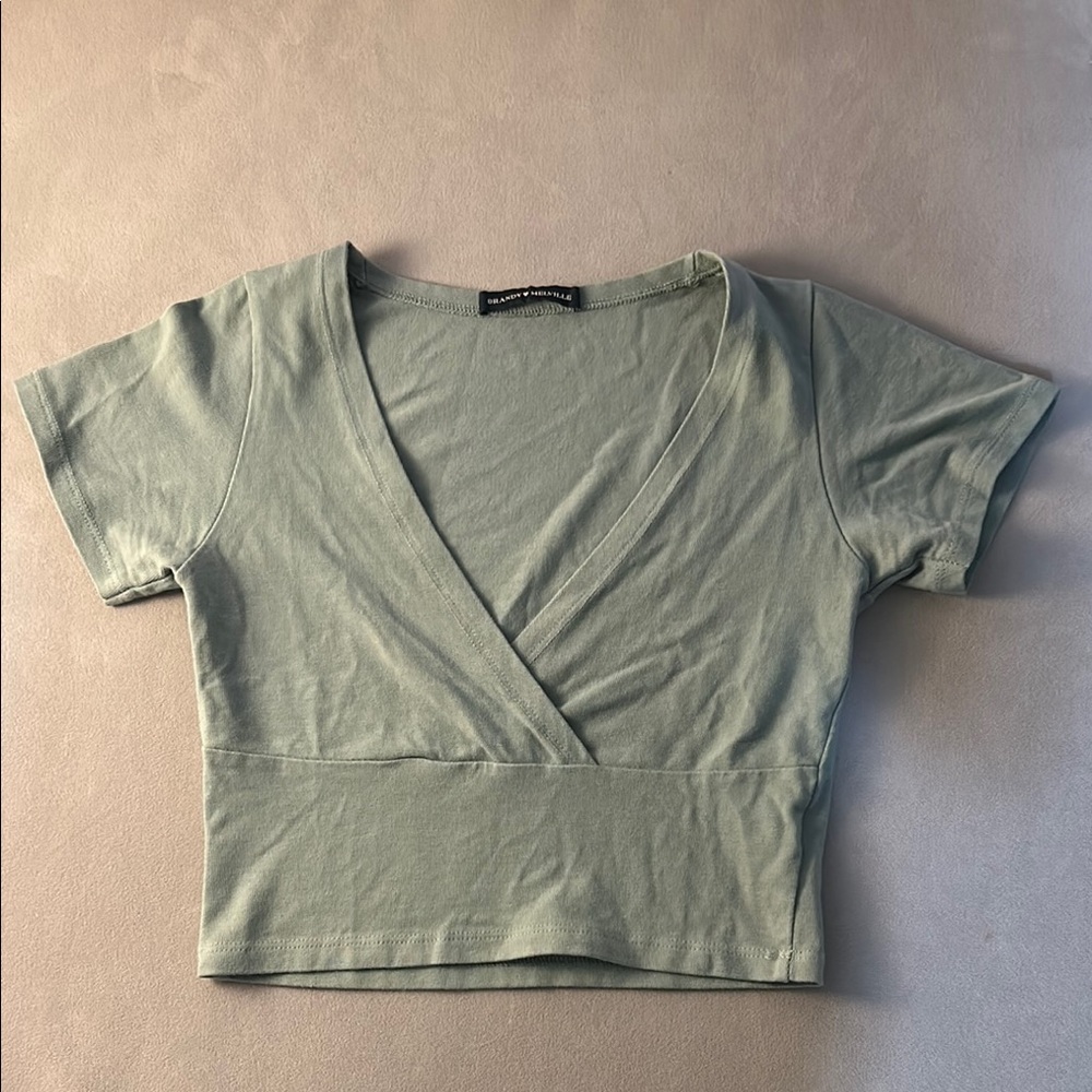 Brandy Melville Sage Green Wrap V Neck Crop Top OS Like New